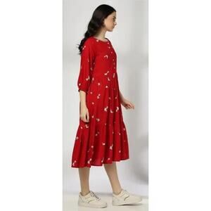 Whimsical Tiered Midi Dress Sz XS Birds Novelty Unique Indie Red Prairie Artsy‎